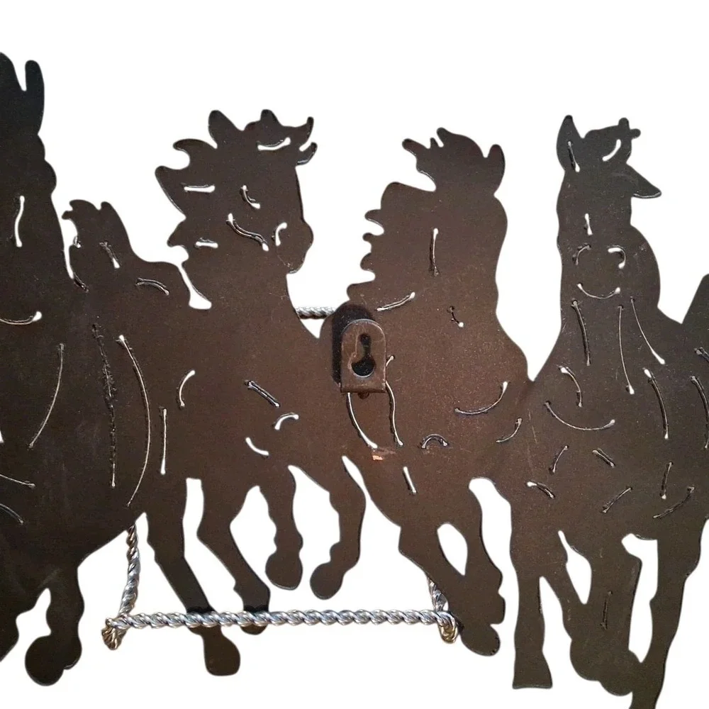 Seven Rustic Running Wild Horses 3D Intricately Cut Black Metal Wall Art 23Lx9T